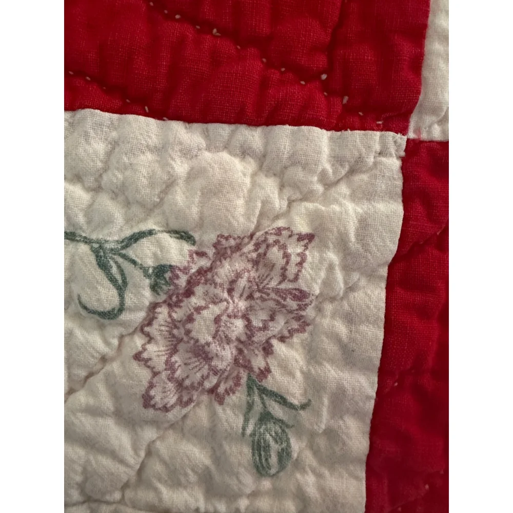 Vintage Hand Quilted Red White Patchwork Quilt Farmhouse Gingham Back 57x44